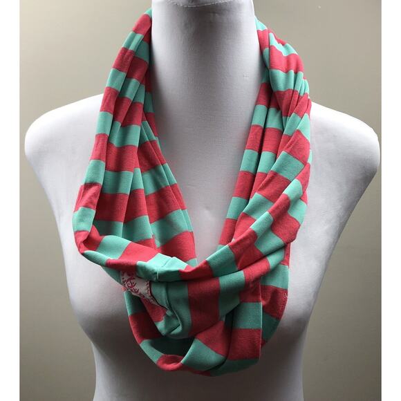 Ruffle Girl Infinity Scarf Kid's Fashion Scarf Pink & Green Stripe Stretch Soft - Picture 9 of 10